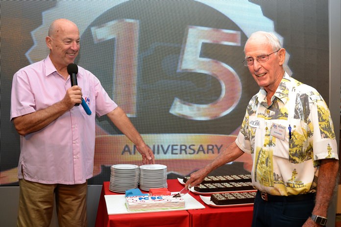 Roy Albiston calls on Richard Smith for the honor of cutting the first slice from the PCEC’s 15th Anniversary cake; Richard has been a member since the early beginning of the PCEC and remained a mainstay in keeping the club going for more than 15 years.