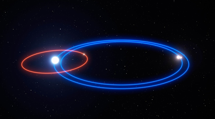 This image provided by the European Southern Observatory shows an illustration of the orbit of the gas giant planet in the HD 131399 system (red line) and the orbits of the three stars (blue lines). (ESO via AP)
