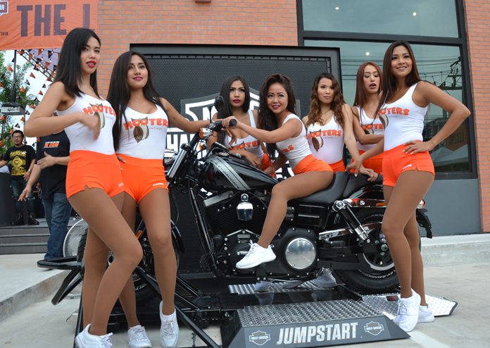 Hooter girls were being kept abreast of the happenings at the new Harley-Davidson dealership in Pattaya.