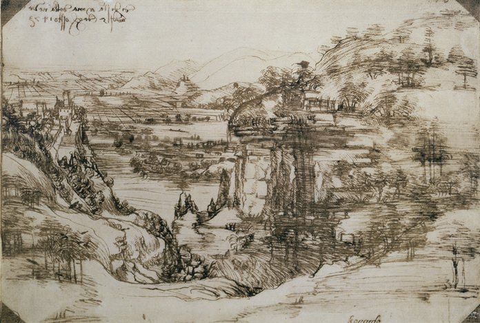 Leonardo da Vinci’s earliest known drawing titled “Landscape Drawing for Santa Maria Della Nave”. (Uffizi Gallery via AP)