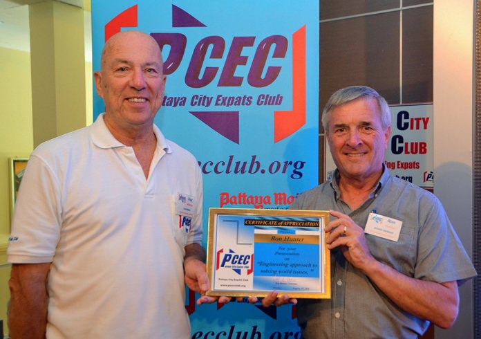 MC Roy Albiston presents Ron Hunter with the PCEC’s Certificate of Appreciation for his informative presentation on how engineering tools can be used to solve world issues.