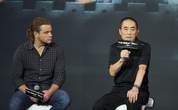 Movie director Zhang Yimou (right) speaks next to actor Matt Damon during a news conference for their latest movie “The Great Wall”, held at a hotel in Beijing, China. (AP Photo/Andy Wong, File)