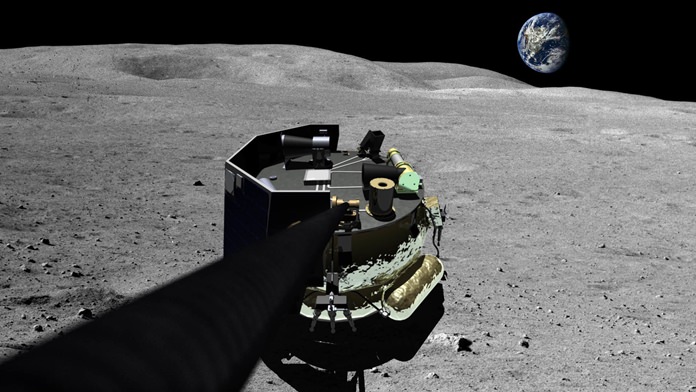 This image provided by Moon Express on Wednesday, Aug. 3, 2015 shows an illustration of the company’s landing vehicle on the surface of Earth’s moon. On Wednesday, the U.S. government gave permission to the private Florida company to fly a spaceship beyond Earth’s orbit and land on the moon. The washing machine-sized vehicle would take hops across the lunar surface. (Moon Express via AP)