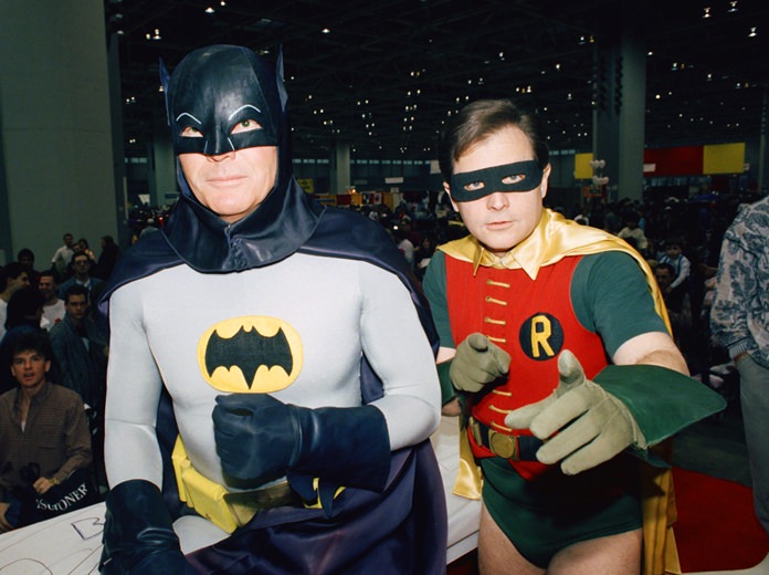 Actors Adam West (left) and Burt Ward (right) will be reprising their roles as Batman and Robin in an animated film, “Batman: Return of the Caped Crusaders,” due to be released on Nov. 1. (AP Photo/Mark Elias)
