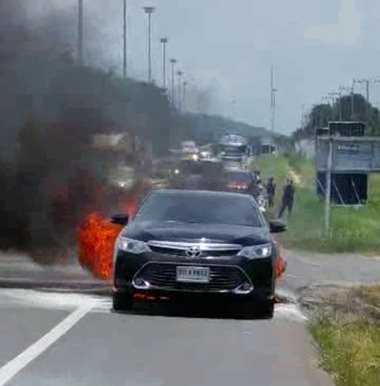 Five people, including three children, narrowly escaped injury after their car burst into flames on Highway 36 in Pong.