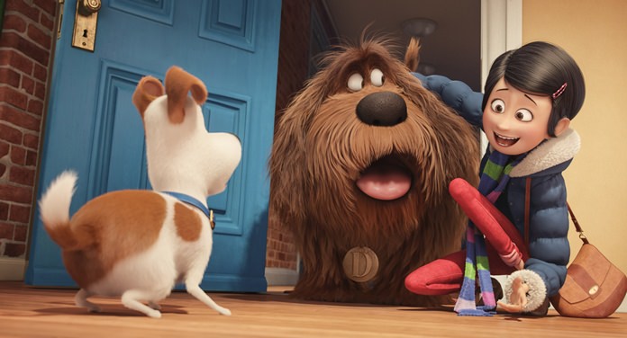 In this image released by Universal Pictures, from left, characters Max, voiced by Louis C.K., Duke, voiced by Eric Stonestreet, and Katie, voiced by Ellie Kemper, appear in a scene from, “The Secret Lives of Pets.” (Illumination Entertainment and Universal Pictures via AP)