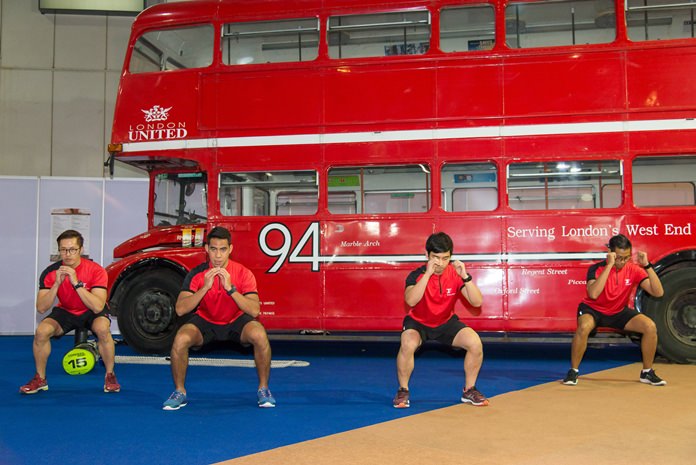 The Fitness First team inspire visitors to Thai-UK 2016 with an energetic routine in front of the London Routemaster bus. The classic London Routemaster bus is from Jesada Technik Museum in Nakhon Pathom. The first Routemasters entered service with London Transport in February 1956 and the last was built in 1968. They were withdrawn from regular service in December 2005. The number 94 at Thai-UK 2016 originally ran from Acton Green to Trafalgar Square.