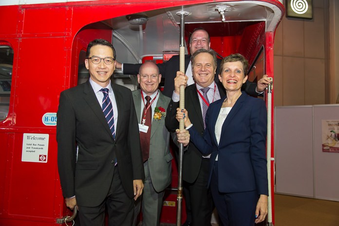 BCCT takes the bus. Hold tight shouts BCCT Chairman Simon Matthews (2nd right) with from left Boyd Chongphaisal of GSK, Graham MacDonald of Macallan Insurance Brokers, BCCT Executive Director Greg Watkins and Heather Suksem of PCS/OCS.