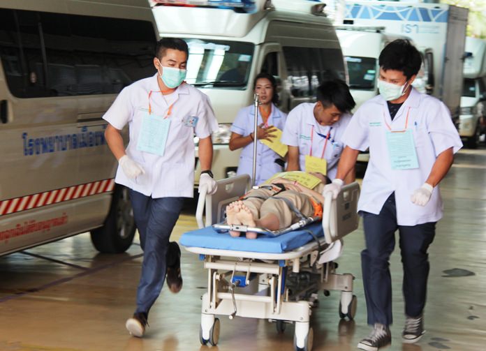 Pattaya Hospital staff practiced evacuating patients in case of a fire.