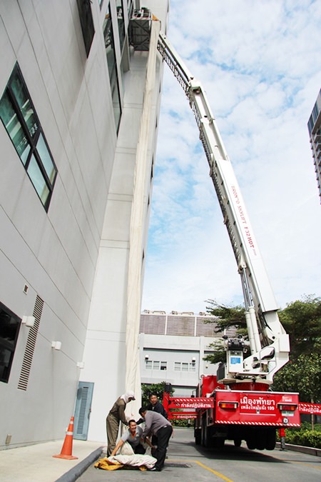 The training program included using a canvas chute for quick evacuation from the seventh floor of the Ocean Tower.