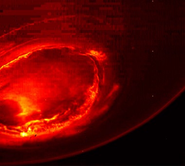 This Aug. 27, 2016 infrared image provided by NASA shows the southern aurora of Jupiter, captured by NASA’s Juno spacecraft. The phenomenon can hardly be seen from Earth due to the position of the two planets. The image is a mosaic of three photographs made as the spacecraft was moving away from the gas giant. (NASA/JPL-Caltech/SwRI/MSSS via AP)