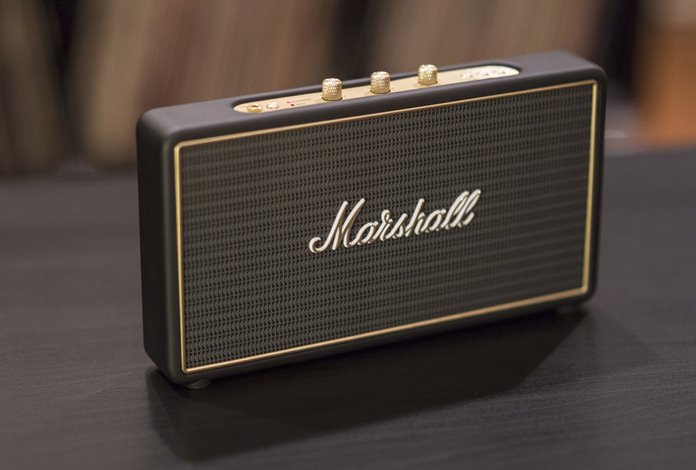 This Tuesday, Aug. 23, 2016, photo shows the Marshall Stockwell Bluetooth speaker, in Decatur, Ga. Separate knurled knobs for volume, bass and treble are recessed into the speaker and pop up at the touch of a finger. The Stockwell also has an input port for devices without Bluetooth. (AP Photo/ Ron Harris)