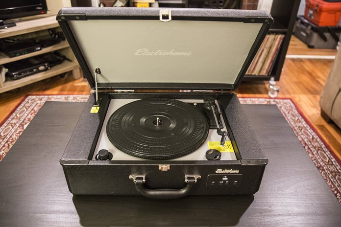 This Tuesday, Aug. 23, 2016, photo shows the Electrohome Archer Briefcase portable turntable on display in Decatur, Ga. The unit has built-in speakers and a headphone jack if the user wants to listen in private. A USB port on the front lets the listener play music from a flash drive with song files. (AP Photo/ Ron Harris)