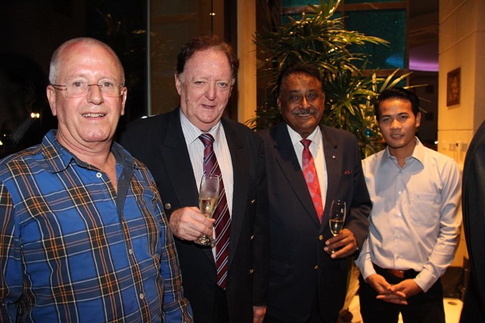 (l-r) Richard Plank visiting IT specialist from Cape Town, Allan Riddell - Consultant to the board of the South African-Thai Chamber of Commerce, Peter Malhotra MD - Pattaya Mail and Pasit Foobunma Director - SATCC enjoy pre-dinner cocktails.