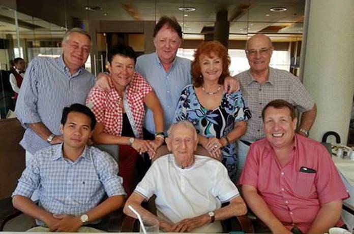 Surprise lunch at Bruno’s with (front row from left) Pasit Foobunma, Archie Dunlop and Brian Songhurst. Second row from left: Peter Barnwell, Magdalena Rittinghaus, Allan Riddell, Elfi Seitz and Tony Portman.