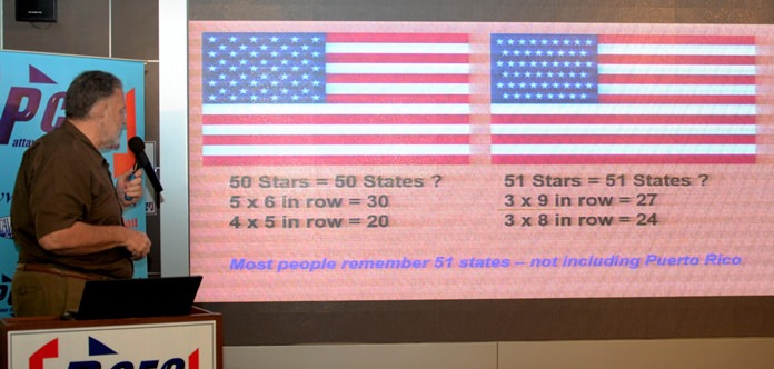Corrie Lamprecht shows two depictions of the USA flag - one with 50 stars, the other with 51. This was one of several comparisons he used to explain the “Mandela Effect” to the PCEC.