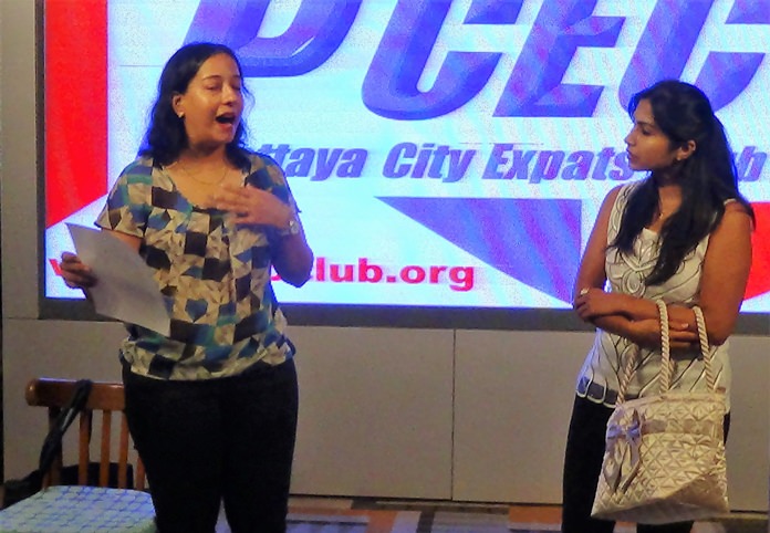 The PCEC enjoyed the skit, “The Role of Della.” Here, Pattaya Players Meenakshy Narayanan and Deepika Bedwai play two of the actresses.
