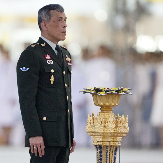 In this Sept. 26, 2015, file photo, HM King Vajiralongkorn Bodindradebayavarangkun hosts a ceremony at the official opening of Ratchapakdi Park in Hua Hin. (AP Photo/Mark Baker, File)