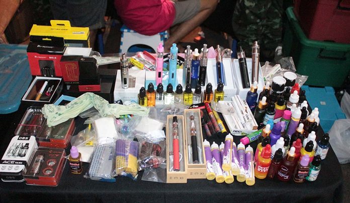 More than 100,000 baht in electronic cigarettes were seized when soldiers raided the Keha Thepprasit Market in Pattaya.