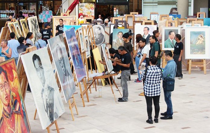 Exhibition of paintings and sketches of HM the late King are available for people to see in public areas.