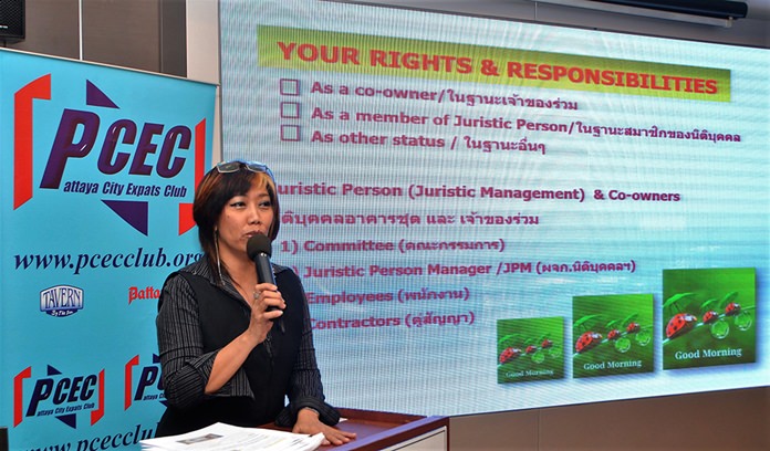 Rose Yangpreeda explains to her PCEC audience that although there are many laws that apply to the purchase of a condominium, there are none that apply to the real estate industry itself, thus it is unregulated. She cautioned that the purchaser needs to fully understand their rights and responsibilities when they purchase a condominium.
