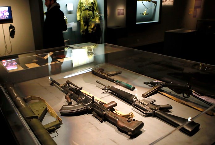 Real-life spy gadgets and weapons of secret agents, most of which have never been shown in public before, are displayed at the exhibition in Paris, (AP Photo/Francois Mori)
