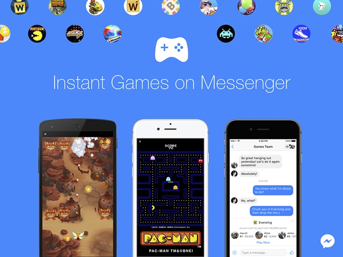 This image provided by Facebook shows a demonstration of Facebook’s new option to play games with contacts on Facebook Messenger. The feature can be accessed in the latest version of the messaging app by tapping a game controller icon. Games available include classics such as “Pac-Man,” “Space Invaders” and “Galaga,” as well as newer titles. (Facebook via AP)
