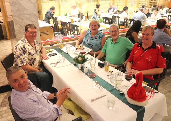 The Dusit Thani Pattaya hosted a beautiful Christmas Eve dinner and show, which also happened to be a very special birthday for Peggy Sanders’ (center) from Sanders Law Group in Seattle Washington. She celebrated the occasion with (L to R) Paul Strachan, David Sparks, Peggy, husband Ralph Sanders and brother Dan Dorothy.