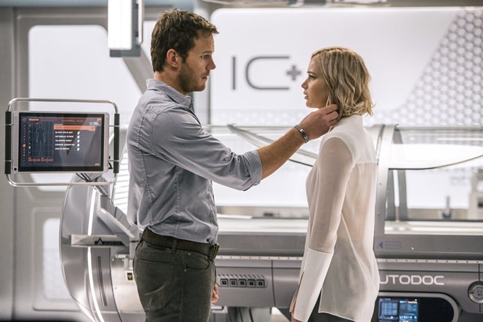 Chris Pratt (left) and Jennifer Lawrence are shown in a scene from the film “Passengers.” (Jaimie Trueblood/Columbia Pictures/Sony via AP)