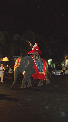 Santa Claus arrives on the back of an elephant.