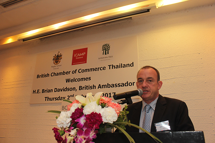 Mark Bowling, Chairman of the Eastern Seaboard British Chamber of Commerce Thailand introduces the British Ambassador to Thailand.