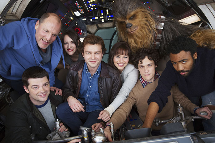 Cast members and co-directors of the Han Solo "Star Wars" spin-off pose for a photo at London's Pinewood Studios on Monday, Feb. 20. (Jonathan Olley/Lucasfilm via AP)