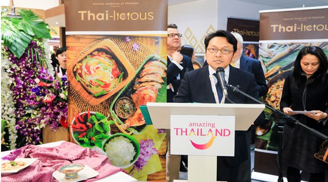 Mr. Tanes Petsuwan, TAT Deputy Governor for International Marketing (Europe, Africa, Middle East and the Americas) presents the concept and details of the Thai-licious campaign to the press and tourism delegates at ITB Berlin 2017