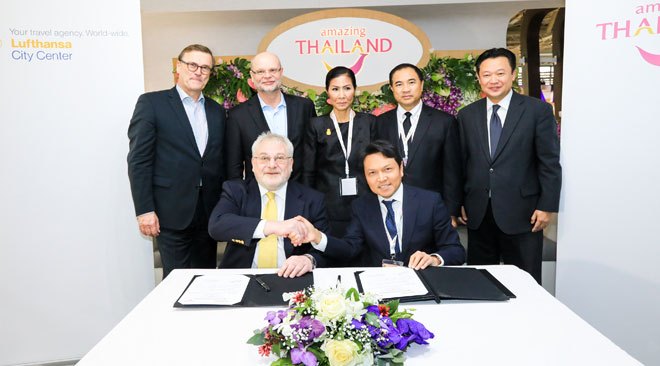 The agreement was signed on 8 March, 2017, at the ITB Berlin by Mr. Tanes Petsuwan (seated, right), TAT Deputy Governor for International Marketing (Europe, Africa, Middle East and the Americas), and Mr. Klaus Henschel (seated, left), LCC’s Managing Director. The event was witnessed by H.E. Mrs. Kobkarn Wattanavrangkul, Minister of Tourism and Sports of Thailand, Mr. Kalin Sarasin, Chairman of the Board of the Tourism Authority of Thailand (TAT), Mr. Yuthasak Supasorn, TAT Governor, Mr. Hasso von During, LCC’s Managing Director, and Mr. Uwe Muller, LCC’s Managing Director.