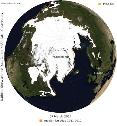 This image shows how low sea ice levels were in the Arctic this winter, alarming climate scientists. Sea ice in March of this year was smaller than last year by an area about the size of the state of Maine. (National Snow and Ice Data Center and NASA via AP)