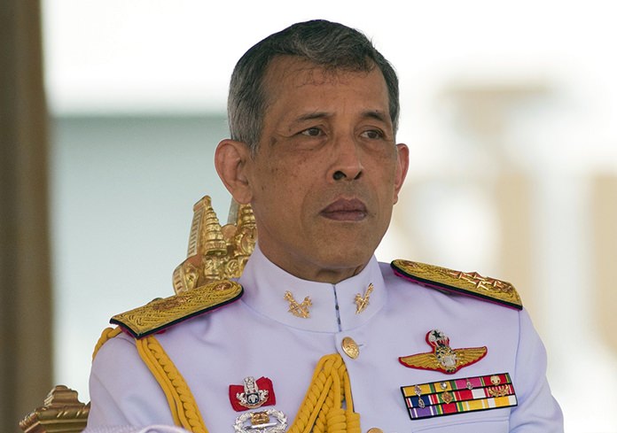 HM King Vajiralongkorn Bodindradebayavarangkun addresses the audience at the royal plowing ceremony in Bangkok, Friday, May 12. (AP Photo/Sakchai Lalit)