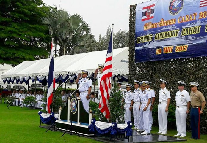 Rear Admiral Donald D. Gabrielson, Commander of the Logistics Group Western Pacific, and Deputy Chief of the Royal Thai Fleet Rear Admiral Somnuk Prempramote jointly presided over the opening ceremony of CARAT 2017 at the Royal Thai Fleet in Sattahip 