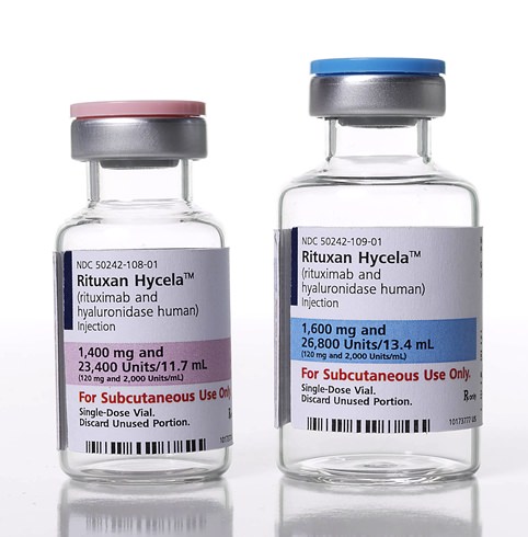 This photo provided by Genentech, the Roche Group’s biologic drug unit, shows vials of Rituxan Hycela. On Thursday, June 22, 2017, the Food and Drug Administration approved Rituxan Hycela, a more convenient version of a blockbuster drug for treating three common blood cancers. (Genentech via AP)