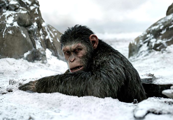This image shows a scene from “War for the Planet of the Apes.” (Twentieth Century Fox via AP)