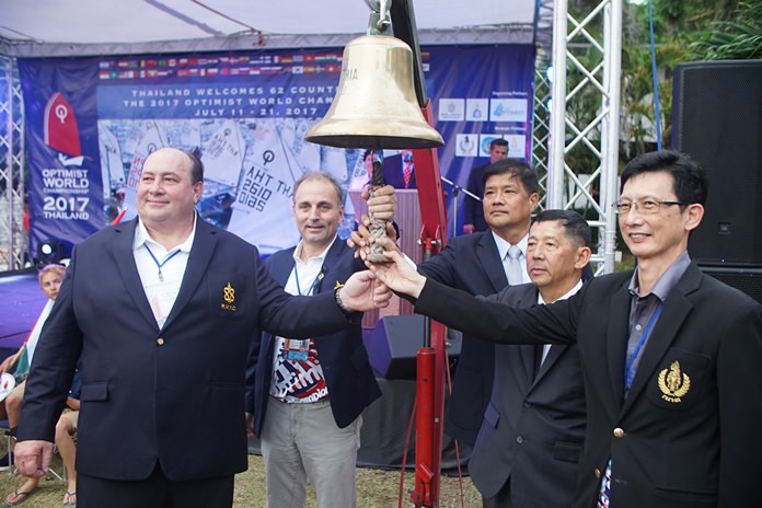 (From left): Thomas Whitcraft, President of the Optimist World Championship 2017; Mark Hamill-Stewart, President of Royal Varuna Yacht Club; Vadm.Thanee Phudpad, Committee and Secretary of the Yacht Racing Association of Thailand Under Royal Patronage Rear; Pol Maj-General Anan Charoenchasri, Mayor of Pattaya City and Nattavut Ruangves, Deputy Governor of the Sports Authority of Thailand ring the bell to officially open the Optimist World Championship 2017 at Royal Varuna Yacht Club, Wednesday, July 12.