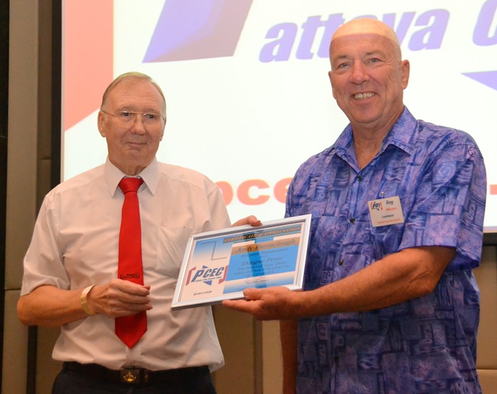 MC Roy Albiston presents Andy Barraclough with the PCEC’s Certificate of Appreciation for his very informative and interesting talk about Dengue Fever; something everyone should know about if they live in Thailand.
