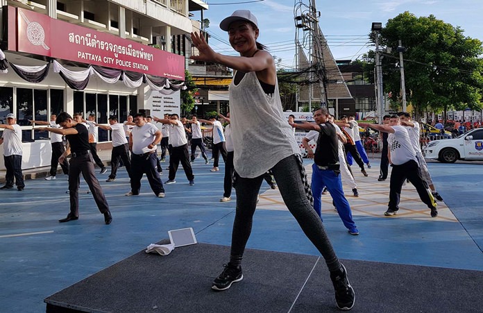 Pattaya police continued their effort to get in shape, switching to aerobics for their weekly exercise class.