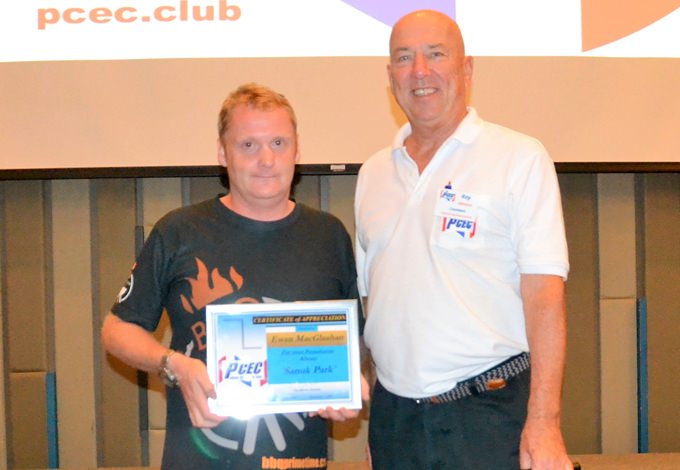 MC Roy Albiston presents Ewan MacGlashan with the PCEC’s Certificate of Appreciation for sharing his career as a chef and describing his latest endeavor with the BBQ Prime on 9 restaurant located in the newly named Sanook Park.