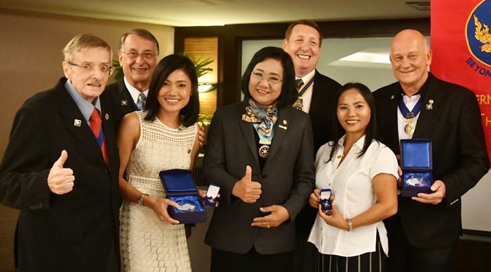 DG Onanong proclaims the Rotary Club Eastern Seaboard as champions of Rotary humanitarian projects and contributions to the Rotary Foundation. (l-r) CP Martin Brands, PP Carl Dyson, Joy Keolaphoumy, DG Onanong, President Brian Songhurst, Ket and PP Jan Abbink.