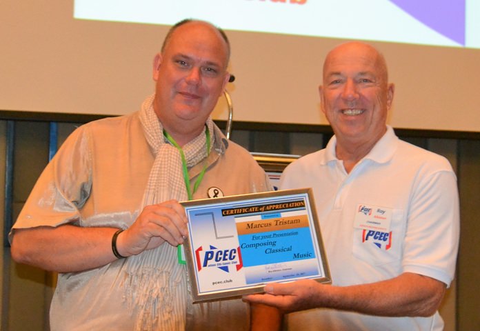 MC Roy Albiston presents the PCEC’s Certificate of Appreciation to Marcus Tristan after his interesting and very entertaining presentation about his career and his musical compositions.
