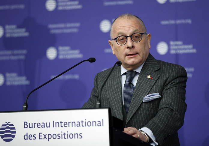 Minister of Foreign affairs of Argentine Jorge Faurie of Argentina delivers a speech at the 162nd General Assembly of BIE, in Paris, Wednesday, Nov. 15, 2017. The Bureau International des Expositions (BIE) is the intergovernmental organization in charge of overseeing and regulating World Expos, since 1931. Argentina will host Specialized Expo 2022/23. (AP Photo/Christophe Ena)