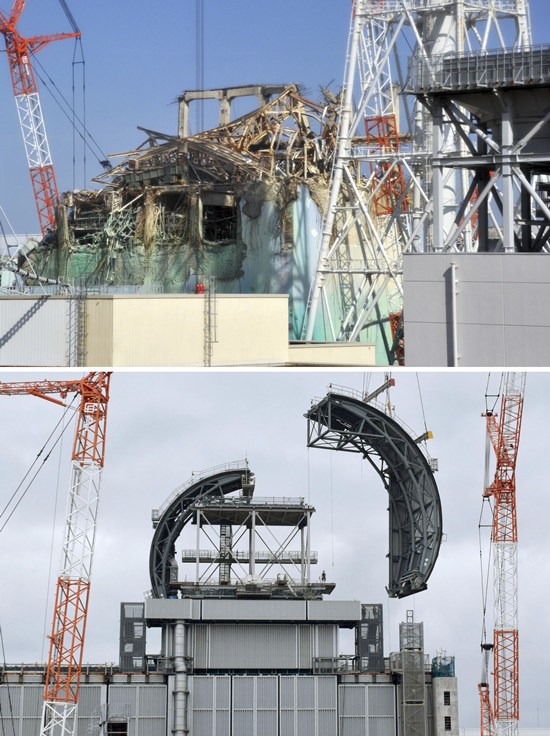 This combination of photos shows the Unit 3 building of Tokyo Electric Power Co.’s Fukushima Dai-ichi nuclear power plant, top in Feb. 28, 2012 and bottom in Aug. 2, 2017, at Okuma town in Fukushima prefecture, northeastern Japan. The tsunami-hit Fukushima Dai-ichi nuclear power plant has had a major face-lift since the 2011 meltdowns, at least above ground. Inside and underground, it remains largely a morass. (AP Photo)