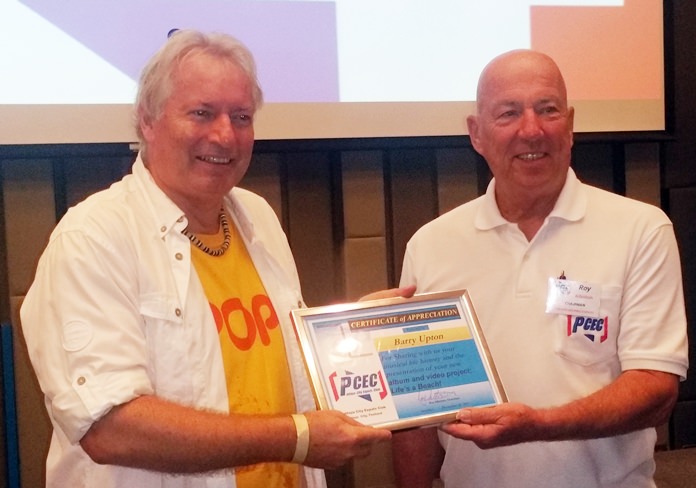 MC Roy Albiston presents Barry Upton with the PCEC’s Certificate of Appreciation for his interesting recount of his music career and entertaining songs.