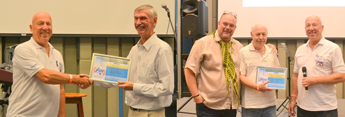 MC Roy Albiston presents the PCEC’s Certificate of Appreciation to Ian Frame (left) and Marcus Tristan & Bertil Goldberg (right) for their interesting and entertaining presentations.