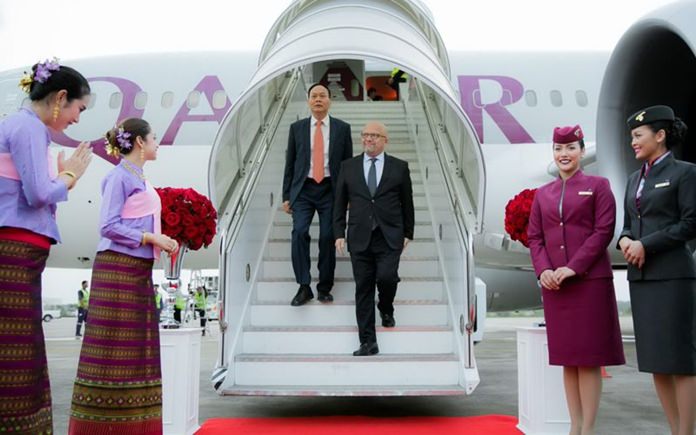 H.E. Soonthorn Chaiyindeepum, Thai Ambassador to the State of Qatar and Qatar Airways Senior Vice President Asia Pacific, Marwan Koleilat arrive at U-Tapao Rayong Pattaya International Airport.